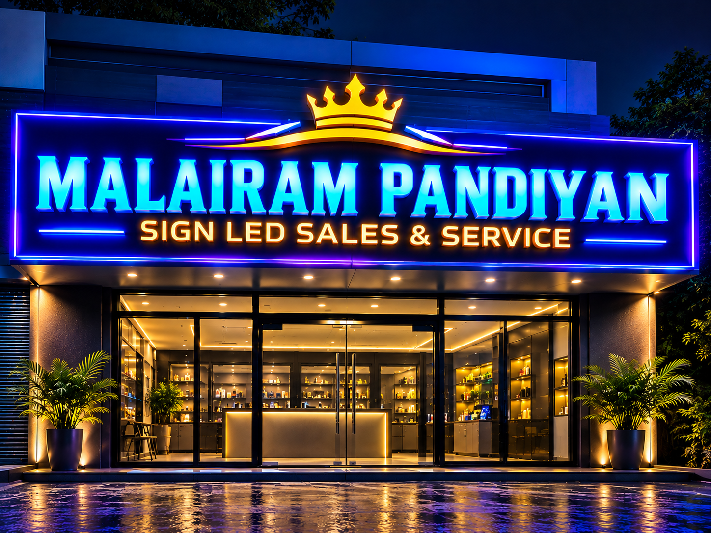 Illuminated shop signage glowing at a storefront in the evening